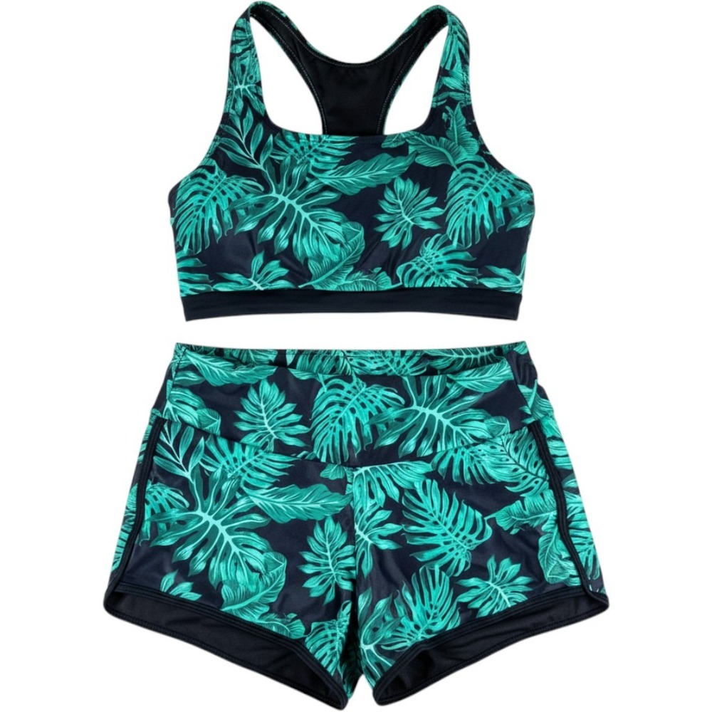 Tropical Palm Leaf Activewear Set Sports Bra Shorts Green Medium Polyamide Women